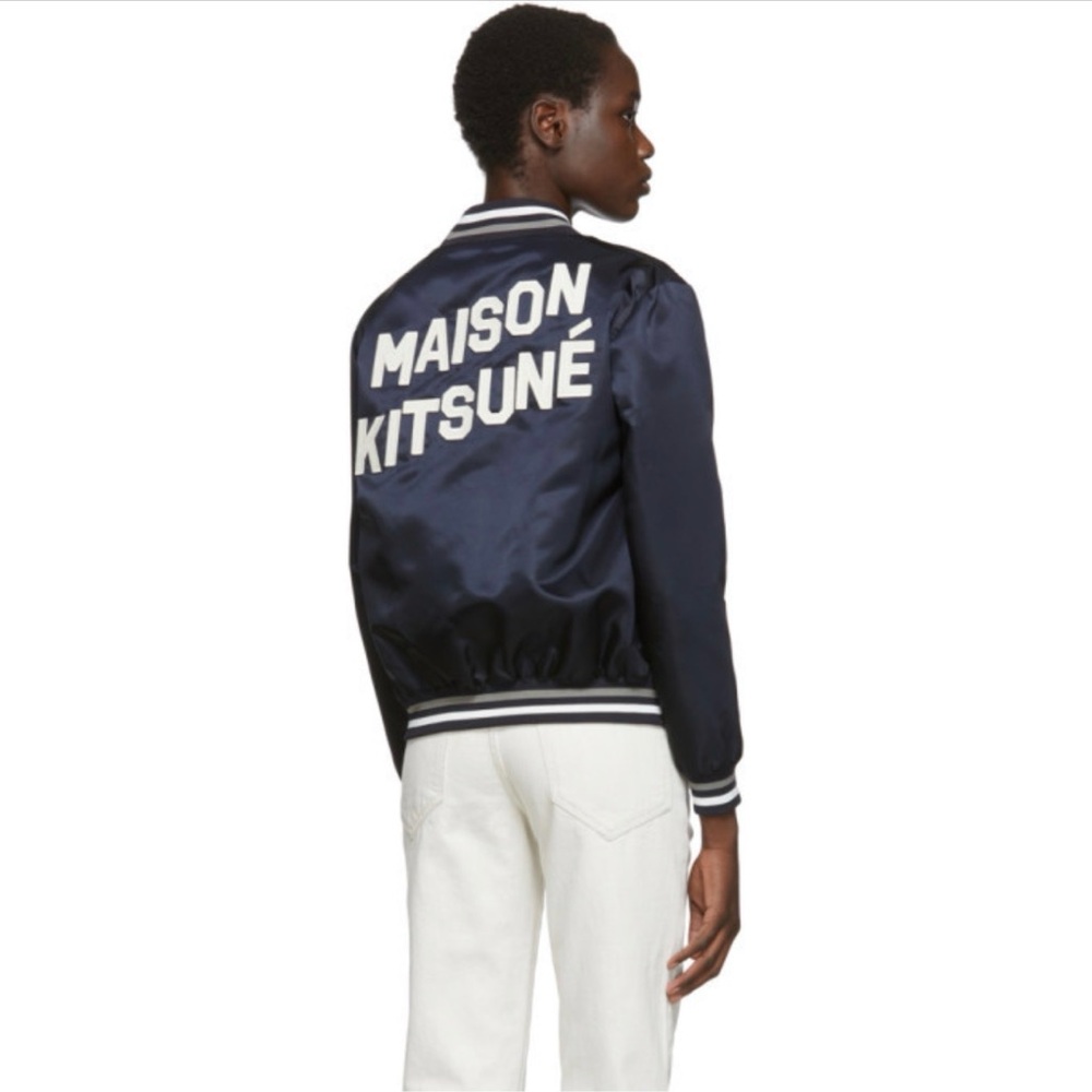 MAISON KITSUNE Navy Satin teddy bomber jacket small size